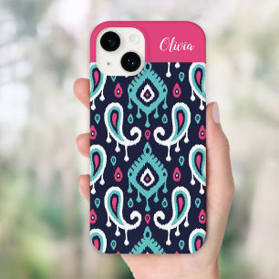 Funda Para iPhone 14 De Case-Mate Monograma de ikat de flores estampado en rosa y az