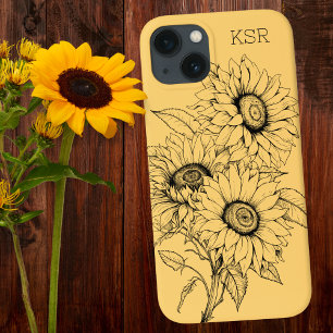 Funda Para iPhone 13 Monograma de Ilustracion de línea de girasol