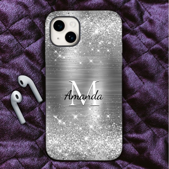 Funda De Case-Mate Para iPhone Monograma de imitación de purpurina plateado metal (Subido por el creador)