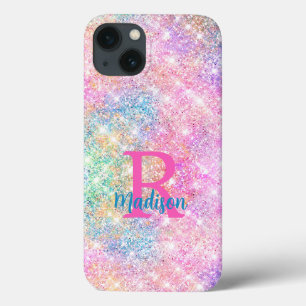 Funda Para iPhone 13 Monograma de imitación rosa de iridiscino blanco u
