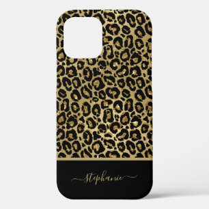 Funda Para iPhone 12 Monograma de impresión de animales Leopard Gold Pu
