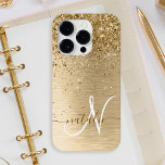 Funda Para iPhone 14 Pro De Case-Mate Monograma de impresión Metalizado con pincel de or<br><div class="desc">Personaliza fácilmente este diseño de estuche de teléfono de moda de moda con purpurina brillante de oro en bonito sobre fondo metálico cepillado de oro.</div>