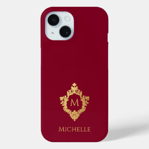 Funda Para iPhone 15 Monograma de iniciales y nombre con cresta de oro 