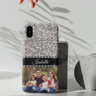 Funda Para iPhone 11 Monograma de la foto del Purpurina Silver Sparkle