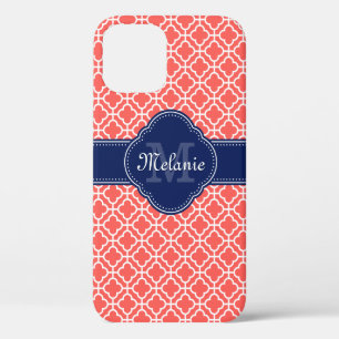 Funda Para iPhone 12 Monograma de la Marina del Patrón Marroquí Rosa Co