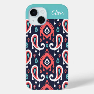 Funda Para iPhone 15 Monograma de la Marina y el Coral Ikat Paisley