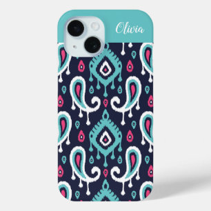 Funda Para iPhone 15 Monograma de la Marina y el Ikat Rosado Paisley