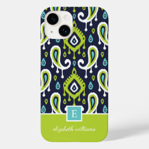 Funda Para iPhone 14 De Case-Mate Monograma de la Marina y el Ikat Verde Paisley