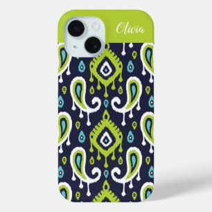Funda Para iPhone 15 Monograma de la Marina y el Ikat Verde Paisley