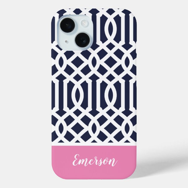 Funda De Case-Mate Para iPhone Monograma de la marina y el mosaico rosado (Reverso )