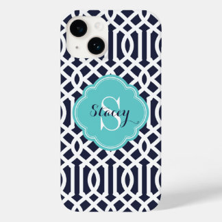 Funda Para iPhone 14 De Case-Mate Monograma de la Marina y el Trellis Moderno Turque