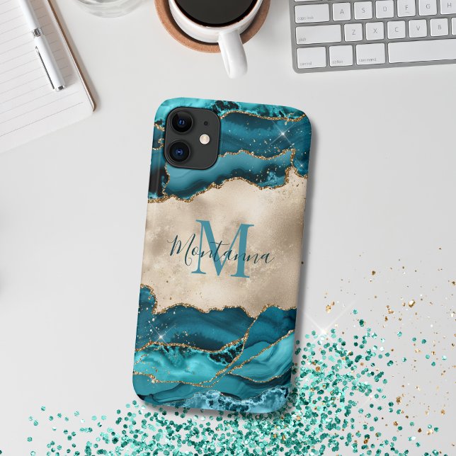 Funda De Case-Mate Para iPhone Monograma de la piedra de la agadura de oro y turq (Teal agate phone cover)
