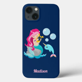 Funda Para iPhone 13 Monograma de la sirena Chica Cute Beach Narwhal