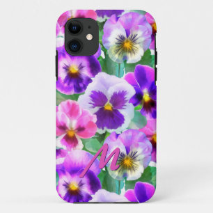 Funda Para iPhone 11 Monograma de las flores de pansy violets coloridas