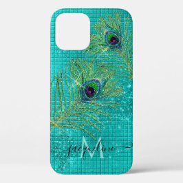 Funda Para iPhone 12 Monograma de las plumas de pavo real Aqua Girly Go
