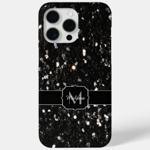 Funda Para iPhone 15 Pro Max Monograma de lentejuelas brillantes en blanco y ne
