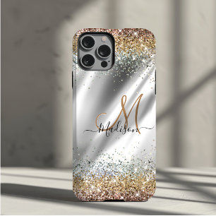 Funda Para iPhone 11 Pro Monograma de lentejuelas doradas plateadas chic