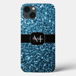 Funda Para iPhone 13 Monograma de lentejuelas falsas azul claro para be