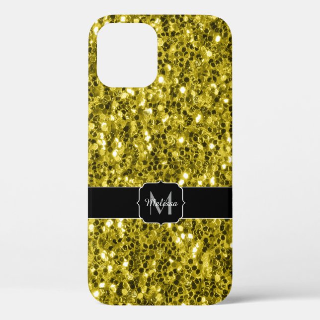 Funda De Case-Mate Para iPhone Monograma de lentejuelas falsas de color amarillo  (Reverso )