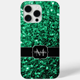 Funda Para iPhone 15 Pro Max Monograma de lentejuelas falsas verde esmeralda