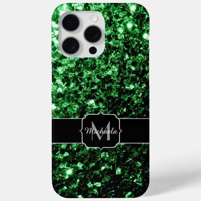 Funda De Case-Mate Para iPhone Monograma de lentejuelas falsas verde oscuro (Reverso )