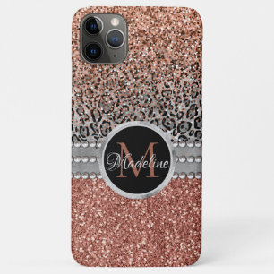 Funda Para iPhone 11 Pro Max Monograma de Leopardo de oro Rosa Girly elegante P