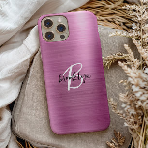 Funda Para iPhone 15 Monograma de letra script negra y blanca sobre met