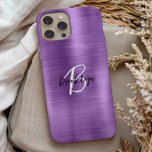 Funda Para iPhone 15 Monograma de letra script negra y blanca sobre met