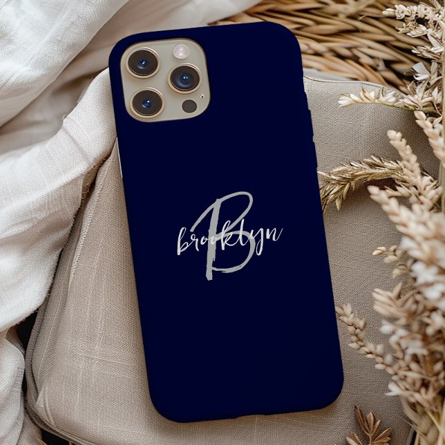 Funda De Case-Mate Para iPhone Monograma de letra script trendy azul marino gris  (Subido por el creador)