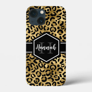 Funda Para iPhone 13 Mini Monograma de lugares de leopardo negro dorado