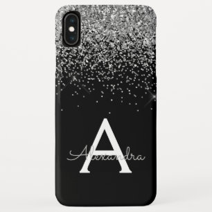Funda Para iPhone XS Max Monograma de lujo negro Glam Silver purpurina