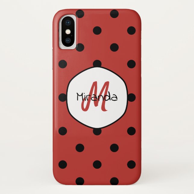 Funda De Case-Mate Para iPhone Monograma de lunares rojos (Reverso)