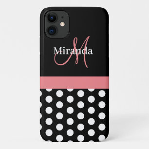 Funda Para iPhone 11 Monograma de lunares rosa negro blanco