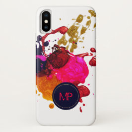 Funda Para iPhone X Monograma de manchas de nailpolish de oro púrpura