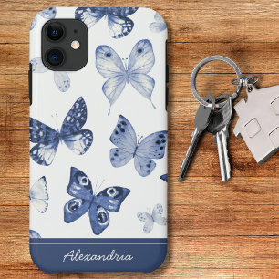 Funda Para iPhone 11 Monograma de mariposa azul y blanca