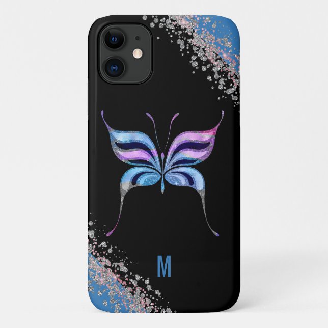 Funda De Case-Mate Para iPhone Monograma de mariposa Purpurinoso rosa azul y plat (Reverso)