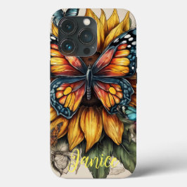 Funda Para iPhone 13 Pro Monograma de mariposa y girasol