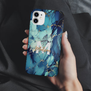 Funda Para iPhone 14 De Case-Mate monograma de mármol azul acuático chic con brillo 