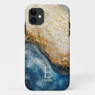 Funda Para iPhone 11 Monograma de mármol azul con brillo dorado