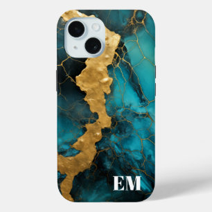 Funda Para iPhone 15 Monograma de mármol azul verde azulado