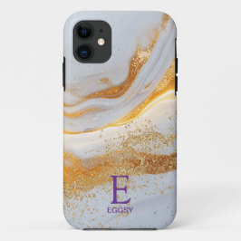 Funda Para iPhone 11 Monograma de mármol blanco con brillo dorado