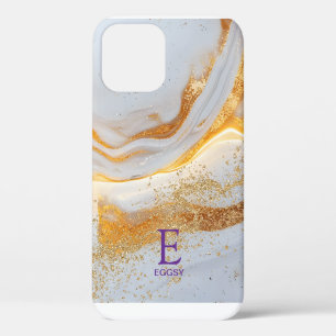 Funda Para iPhone 12 Monograma de mármol blanco con brillo dorado
