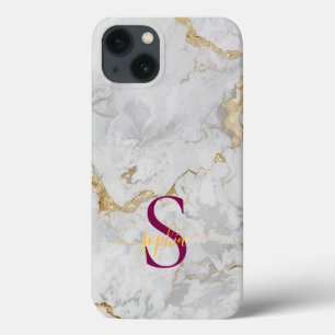 Funda Para iPhone 13 monograma de mármol blanco con brillo dorado