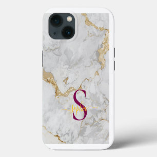 Funda Para iPhone 13 monograma de mármol blanco con brillo dorado