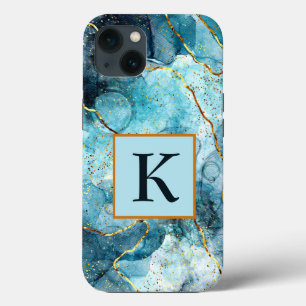 Funda Para iPhone 13 Monograma de mármol brillante azul y dorado