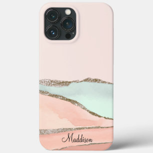 Funda Para iPhone 13 Pro Max Monograma de mármol con brillo rosa y verde agua o