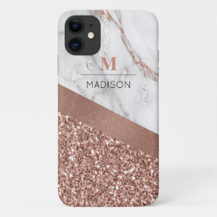 Funda Para iPhone 11 Monograma de Mármol con Brillo y Destellos de Rosa