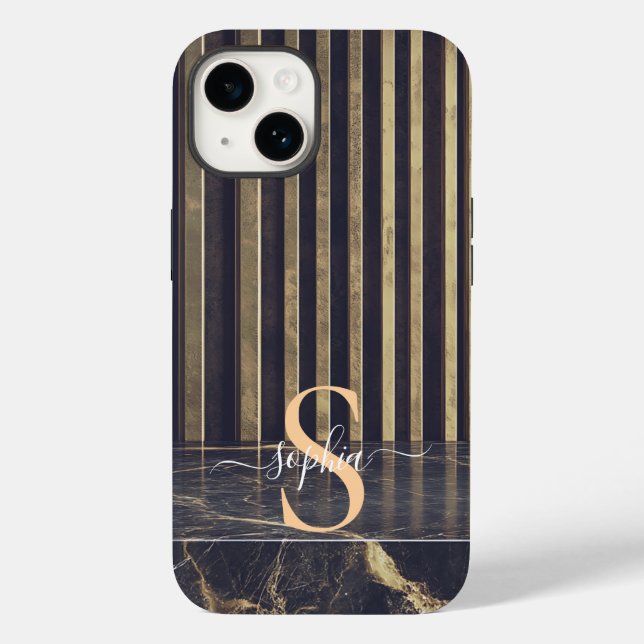 Funda De Case-Mate Para iPhone monograma de mármol negro con brillo dorado (Reverso )