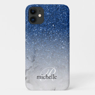 Funda Para iPhone 11 Monograma de mármol ombre con brillo azul impresio