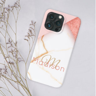 Funda Para iPhone 13 Pro Monograma de mármol Purpurina de oro rosado modern